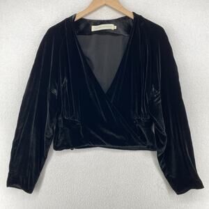 SANDRA MANSOUR Blouse 38 Cropped Velvet Wrap Long Sleeve Black
